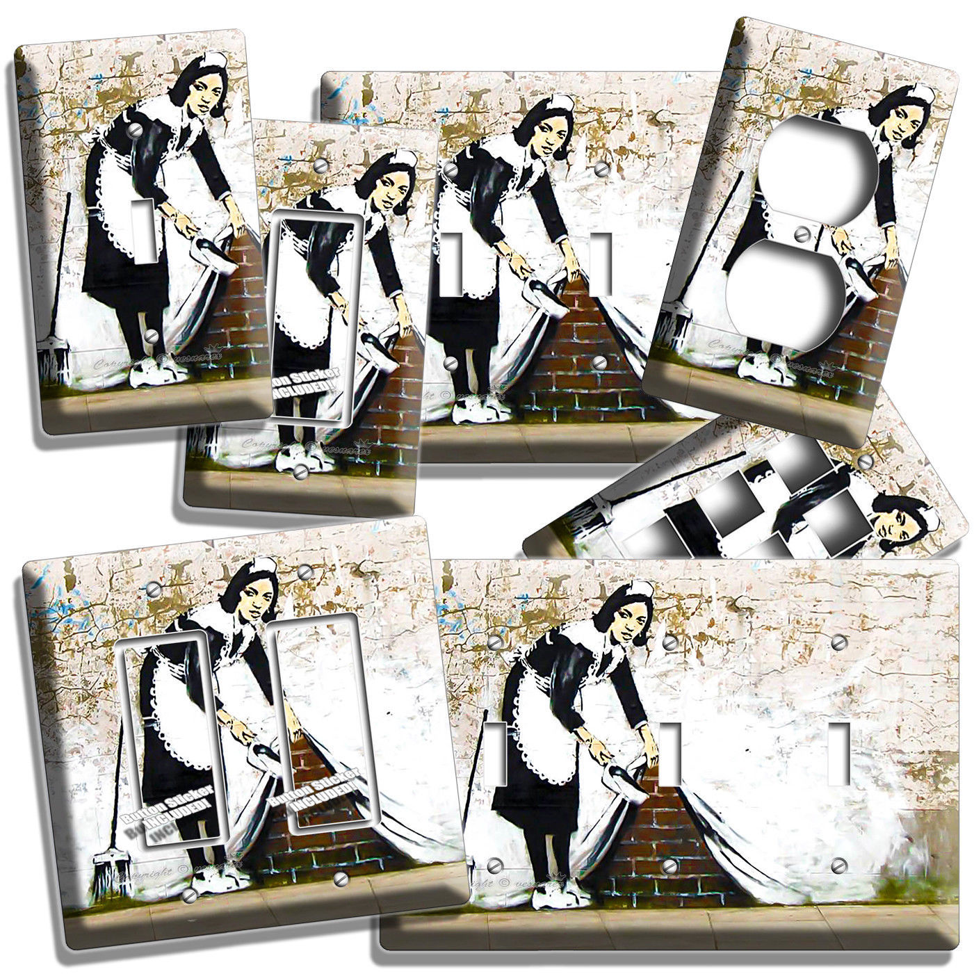 BANKSY MAID BRICK WALL GRAFFITI LIGHT SWITCH OUTLET PLATES DORM ROOM HOME DECOR