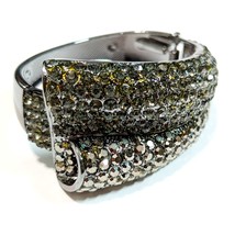 Rhinestone Crystal Bangle, Gray Cuff Bracelet, Hinged Statement Pageant Jewelry, - £38.21 GBP