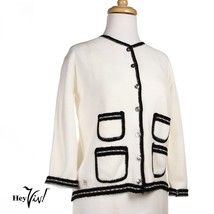 Vintage Deadstock 70s Button Up White Sweater Cardigan Black Edging 38 -... - $38.00