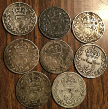 Almost Complete Set Of 1902 To 1910 Uk Great Britain Silver Threepence 8 Coins - £25.21 GBP