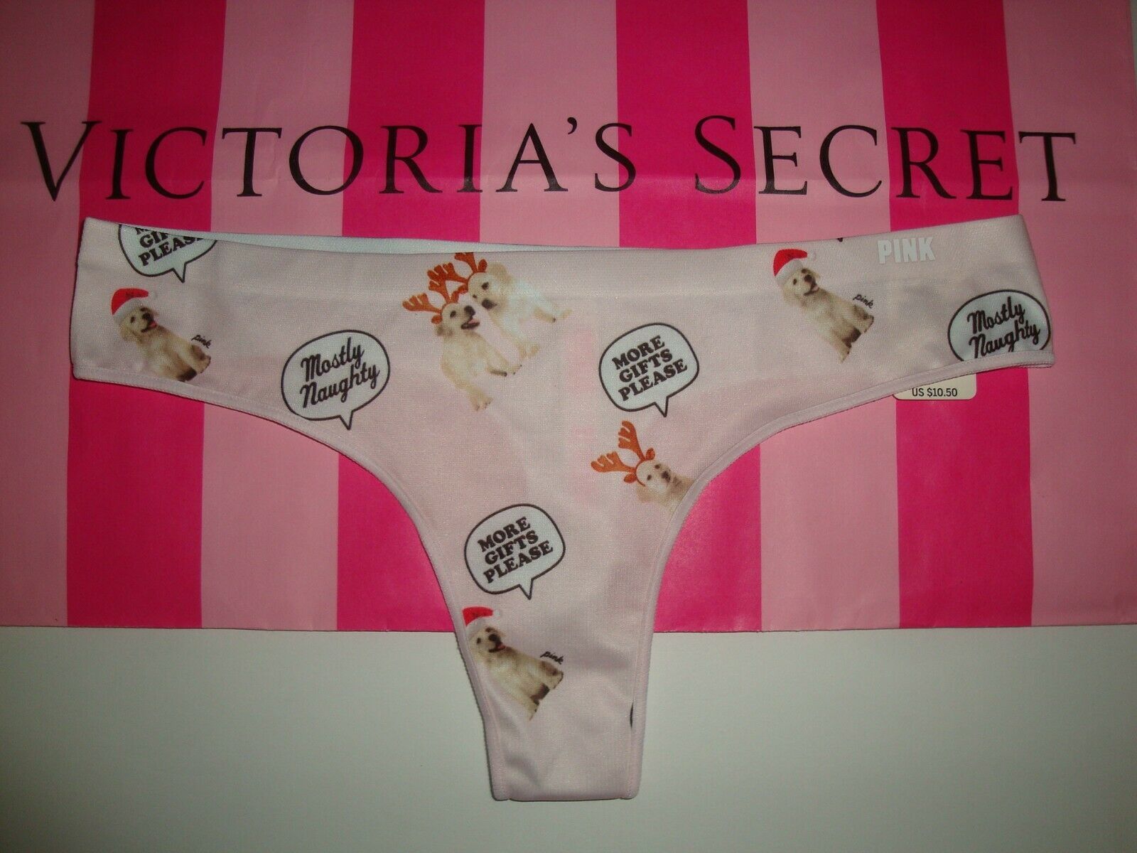 NEW VICTORIA&#39;S SECRET &quot;PINK&quot; SEAMLESS THONG PANTY PINK CHRISTMAS PUPPY L... - $12.86