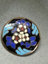 Vintage Blue &amp; Black Enamel w White Flowers Round Metal Pin Brooch – 1 and 3/8th - £11.71 GBP