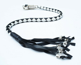 PU Leather Motorcycle Whip Get Back whip with Skull Tassles 36&quot; BLACK / WHITE - £22.92 GBP