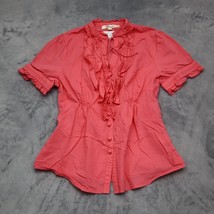 Aryeh Shirt Womens L Pink Short Sleeve Button Tie Ruffle Cotton Blouse - £18.18 GBP