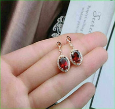 3Ct Oval CZ Red Garnet Halo Drop Dangle Earrings 14K Yellow Gold Plated Silver - £95.89 GBP