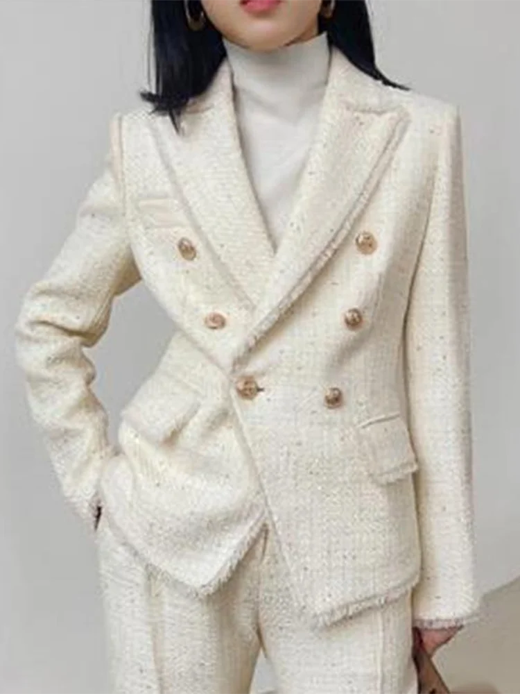 IEQJ White Blazer Suits Women&#39;s  Fall Winter Double Breasted Woven Tweed Blazers - £200.67 GBP