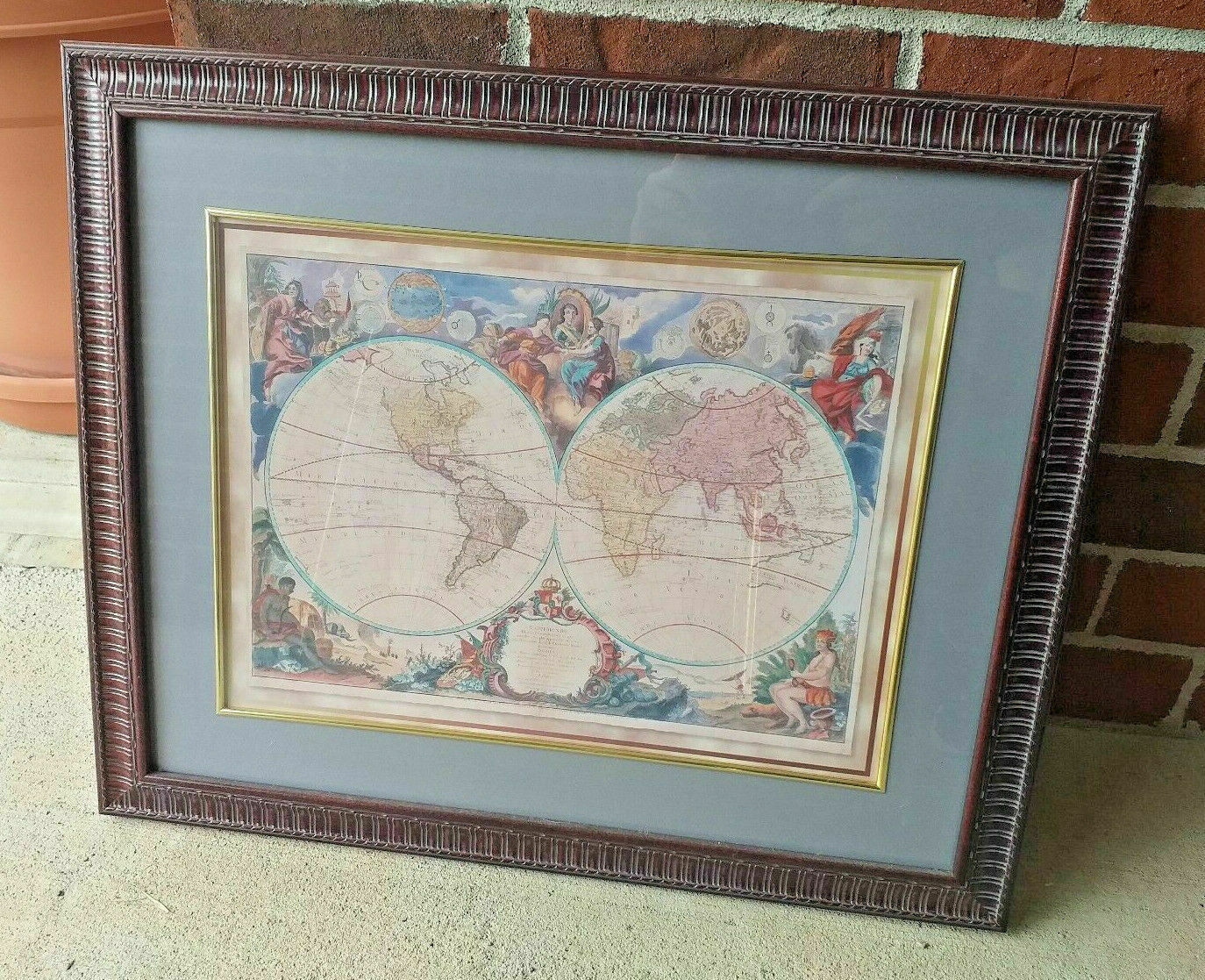 Colorful Old World Map 23" x 19 Framed gold French Royal Academy VTG Wall hang - $79.10