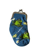 Vintage Frog Coin Purse Blue Sock Style Clasp Wallet Cute Novelty Pouch ~5” - $9.89