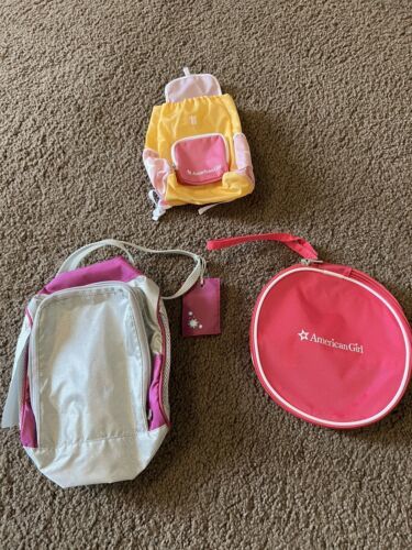 American Girl Doll Backpack Water bottle yellow pink  other bags lot - $14.80