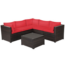 Patiojoy Patio Rattan Furniture Set 6PCS Sectional Cushioned Sofa Deck Red - £806.07 GBP