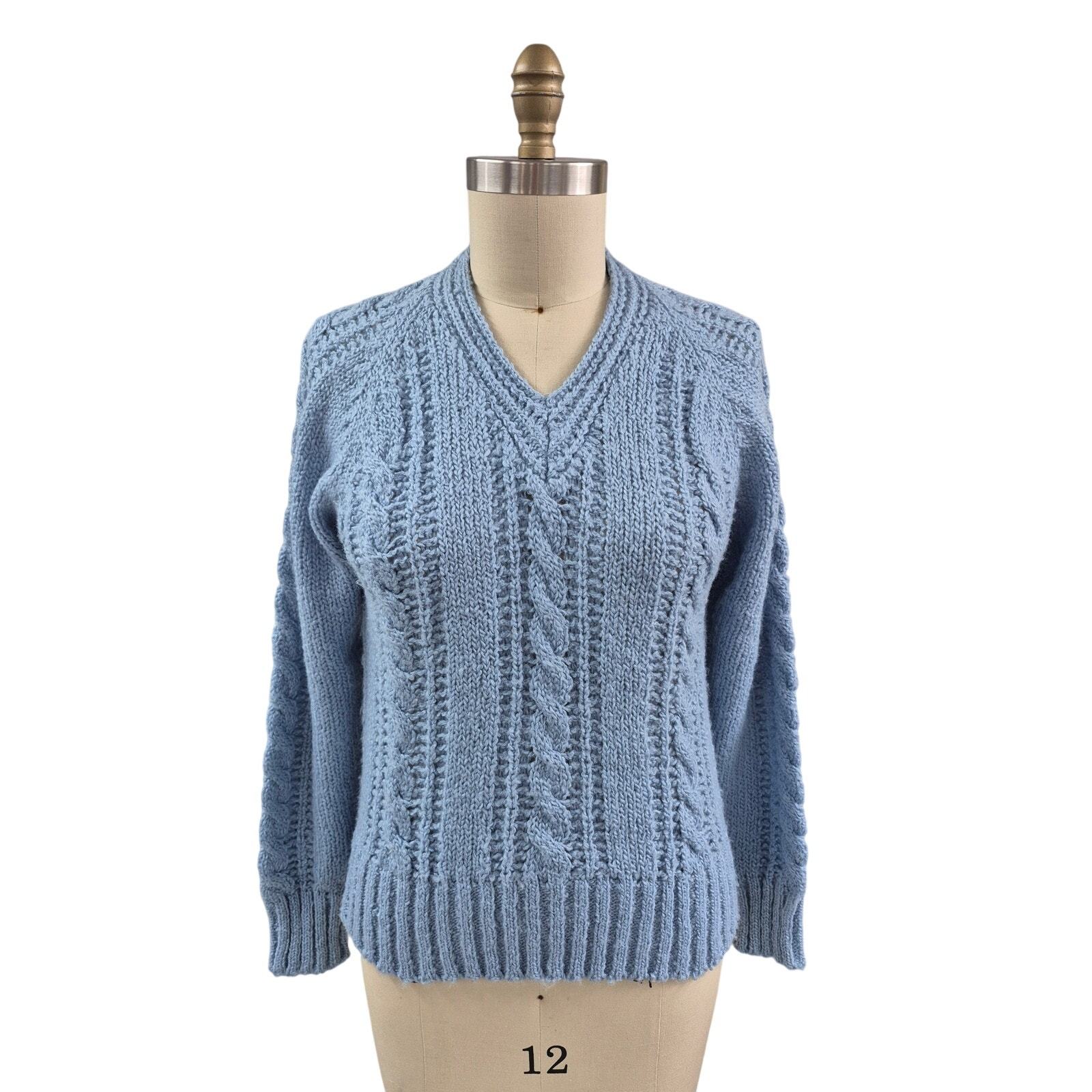 Retro 70s Kimlon V-Neck Sweater - Baby Blue Cable Knit, Wide Ribbed Waist L - £47.66 GBP