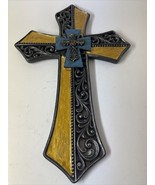 14&quot; Cross Cold Cast Resin Gold Black Turquoise Wall Hanging - €17,35 EUR