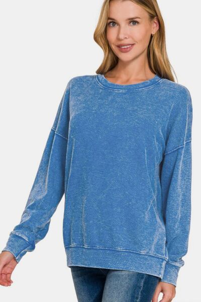 Zenana Washed Round Neck Dropped Shoulder Sweatshirt - $31.19