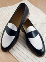 Mens Handmade Black And White Leather Slip Ons Pure Real Quality Leather Shoes - £119.89 GBP+