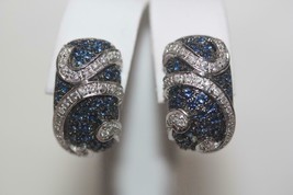Fine 18K White Gold Pave Sapphire/Diamond Accent Omega Back Hoops 11.3 Grams - £1,009.38 GBP