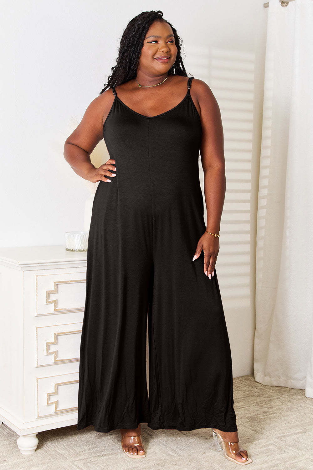 Double Take Full Size Soft Rayon Spaghetti Strap Tied Wide Leg Jumpsuit - $25.74