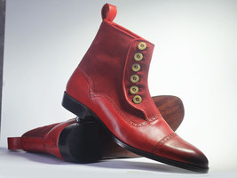 Handmade Ankle High Burgundy Cap Toe Boots, Men Leather Suede Button Top Boots - £126.52 GBP+