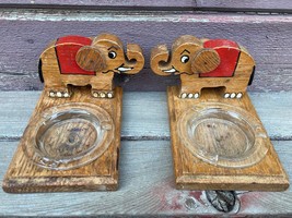 Vtg Wood Elephant Gop Pair Of Bookends W Glass Ashtrays Re Tr O Kitsch - £31.10 GBP