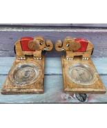 VTG WOOD ELEPHANT GOP PAIR OF BOOKENDS w GLASS ASHTRAYS ReTrO KITSCH - £31.61 GBP