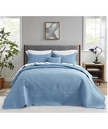 Blue Quilted Bedspread Coverlet Set Bedding Cover 3 pieces Queen Rose - $63.44