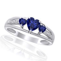 Simulé Saphir Trois Pierre Coeur Accent Bague Solide 925 Sterling Taille 10 - £99.12 GBP