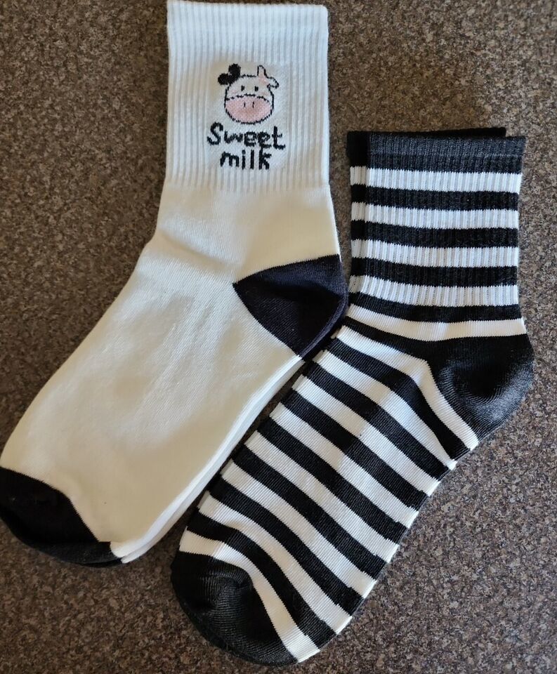 Two (2) Pair ~ 1-Sweet Milk Cow Graphic &amp; 1-Striped Pattern ~ Crew Socks... - $14.96