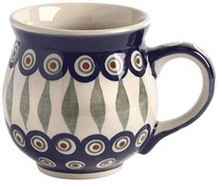 Manufatura Polish Pottery Peacock Feather Pot Belly Barrel Coffee Mug 16 Ounce - £21.68 GBP