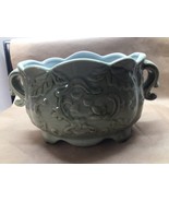 Pottery Planter With 2 Handles  Fleur De Lis Design Lt Green Yellow - £27.32 GBP