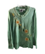 StoryBook Knits Sz L CHRISTMAS POINSETTIAS Green Front Zip Sweater Cardi... - $669.22 MXN