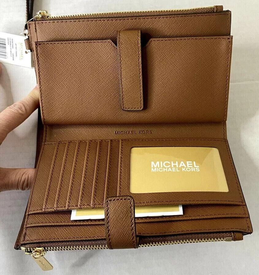 Michael Kors Double Zip Wristlet Brown Leather 35F8GTVW0L Luggage NWT $258 FS