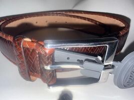 NWT BRIGHTON men's 34 brown woven leather belt Italian calfskin w/silver... - $49.50
