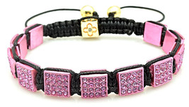 Mens Womens Pink Rhinestone Pave Square Bead Cuff Bracelet Adjustable - £12.45 GBP