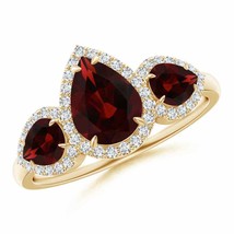 ANGARA Claw-Set Pear Garnet Three Stone Ring with Diamond Halo - £916.59 GBP