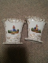 043 VTG Set Porcelain Vases Man &amp; Woman Hand Painted Mountains Gold Edge - £55.30 GBP