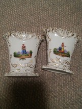 043 VTG Set Porcelain Vases Man &amp; Woman Hand Painted Mountains Gold Edge - £55.05 GBP