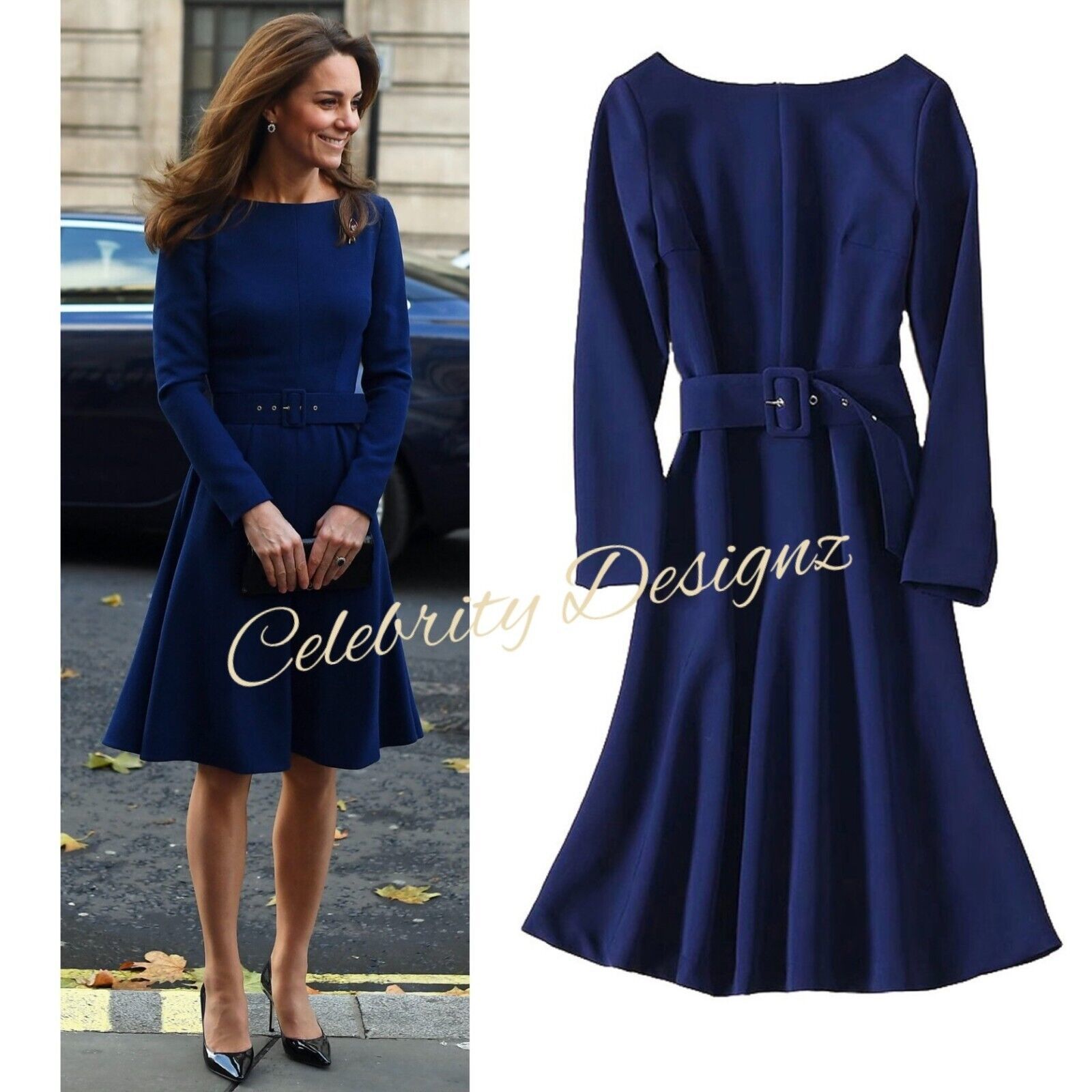 Kate Middleton Inspired Navy Blue Round Neck Belted Fit & Flare A-line Dress OZ