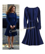 Kate Middleton Inspired Navy Blue Round Neck Belted Fit &amp; Flare A-line D... - $146.79 CAD