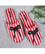 Victorias Secret Slippers Silky Satin Red Pink Striped Womens Large Sequ... - $24.99