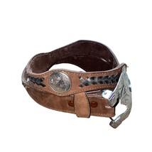 Vintage Brown Leather Silver Buckle Braided Bohemian Western Belt - £28.74 GBP