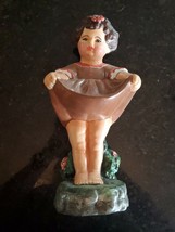 CAFFCO Brunette Girl Figurine Brown Scoop Dress Red Flowers RARE Vintage 12.5 In - $37.99