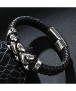 Stainless Steel Wave Genuine Woven Leather Bracelet For Men - £15.89 GBP