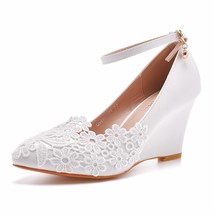 Womens Wedding Shoes Bride Bridesmaid Dress 8cm Wedges High Heels White Lace Flo - £40.80 GBP