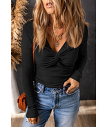 Black Textured Twist Front V Neck Long Sleeve Slim Solid Color Top - $15.79 CAD