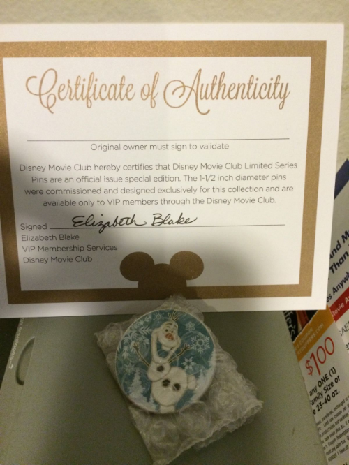 Primary image for Frozen Olaf Disney Movie Club Pin VIP With Certificate Of Authenticity NEW