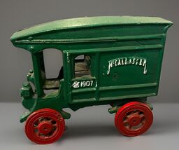 VTG Cast Iron Delivery Truck McCallaster 1907 Green Metal Heavy Food Mer... - $20.89