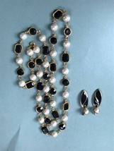 Demi Long Faux White Pearl &amp; Black Plastic Goldtone Framed Disk Necklace... - $11.29