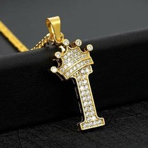 1.25Ct Real Moissanite Crown Initial Letter &quot;I&quot; Pendant 14K Yellow Gold Plated - £154.82 GBP