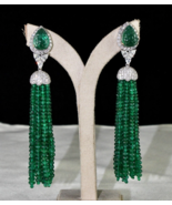 Natural Zambia Emerald White Diamond Cut 18k Gold Statement Tassel Earring - £13,820.86 GBP