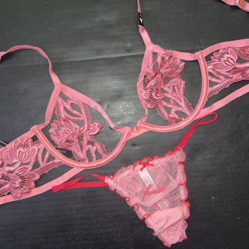 Victoria’s Secret 34B,34DD BRA SET thong pink APPLIQUE embroidery Berry Strappy