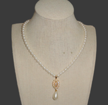 Gold Tone White Faux Pearl Beaded Necklace Rhinestone Drop Pendant Cockt... - £19.73 GBP